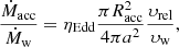 $$ \begin{aligned} \frac{\dot{M}_{\rm acc}}{\dot{M}_{\rm w}} = \eta _{\rm Edd} \frac{\pi R_{\rm acc}^2}{4\pi a^2} \frac{\upsilon _{\rm rel}}{\upsilon _{\rm w}}, \end{aligned} $$