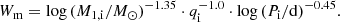 $$ \begin{aligned} W_{\rm m} = \mathrm{log}\,(M_{\rm 1,i}/M_{\odot })^{-1.35} \cdot q_{\rm i}^{-1.0} \cdot \mathrm{log}\,(P_{\rm i}/\mathrm{d})^{-0.45}. \end{aligned} $$