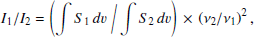 $$ \begin{aligned} I_1/I_2 = \left( \int S_1\,dv\; \bigg / \int S_2\,dv \right)\, \times \, \left( \nu _2/\nu _1 \right)^2 ,\end{aligned} $$