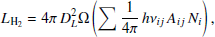 $$ \begin{aligned} L_{\rm H_2} = 4\pi \,D_L^2\Omega \left( \sum \frac{1}{4\pi }\,h\nu _{ij}\,A_{ij}\,N_i \right) ,\end{aligned} $$