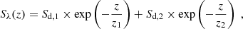 $$ \begin{aligned} S_\lambda (z) = S_{\rm d,1} \times \mathrm{exp} \left( -\frac{z}{z_{\rm 1}}\right) + S_{\rm d,2} \times \mathrm{exp} \left( -\frac{z}{z_{\rm 2}}\right)\;, \end{aligned} $$