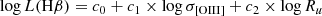 $$ \begin{aligned} \log L(\mathrm{H}\beta ) = c_0 +c_{1}\times \log \sigma _{\rm [OIII]} + c_2\times \log R_u \end{aligned} $$