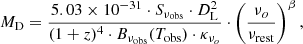 $$ \begin{aligned} M_{\rm D} = \frac{5.03 \times 10^{-31} \cdot S_{\nu _{\rm obs}} \cdot D_{\rm L}^2}{(1+z)^4 \cdot B_{\nu _{\rm obs}}(T_{\rm obs}) \cdot \kappa _{\nu _o}} \cdot \left( \frac{\nu _o}{\nu _{\rm rest}} \right)^{\beta } , \end{aligned} $$