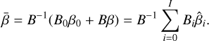 $\bar \beta = {B^{ - 1}}\left( {{B_0}{\beta _0} + B\beta } \right) = {B^{ - 1}}\sum\limits_{i = 0}^I {{B_i}} {\hat \beta _i}{\rm{. }}$