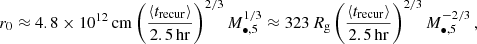$$ \begin{aligned} r_0 \approx 4.8 \times 10^{12} \, \mathrm{cm} \left( \frac{\langle t_{\rm {recur}} \rangle }{2.5 \, \mathrm {hr}} \right)^{2/3} M_{\bullet ,5}^{1/3} \approx 323 \, R_{\rm g} \left( \frac{\langle t_{\rm {recur}} \rangle }{2.5 \, \mathrm {hr}} \right)^{2/3} M_{\bullet ,5}^{-2/3} \,, \end{aligned} $$