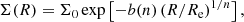$$ \begin{aligned} \Sigma (R) = \Sigma _0 \exp \left[-b(n)\,(R/R_{\mathrm{e}})^{1/n}\right], \end{aligned} $$