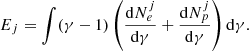 $$ \begin{aligned} E_j&= \int (\gamma -1) \left(\frac{\mathrm{d}N^j_e}{\mathrm{d}\gamma } + \frac{\mathrm{d}N^j_p}{\mathrm{d}\gamma }\right) \mathrm{d}\gamma . \end{aligned} $$