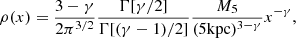 $$ \begin{aligned} \rho (x) = \frac{3-\gamma }{2\pi ^{3/2}}\frac{\Gamma [\gamma /2]}{\Gamma [(\gamma -1)/2]}\frac{M_{5}}{(5\mathrm{kpc} )^{3-\gamma }}x^{-\gamma }, \end{aligned} $$