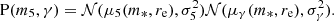 $$ \begin{aligned} \mathrm{P}(m_5,\gamma ) = \mathcal{N} (\mu _5(m_*,r_{\mathrm{e} }),\sigma _5^2)\mathcal{N} (\mu _\gamma (m_*,r_{\mathrm{e} }),\sigma _\gamma ^2). \end{aligned} $$