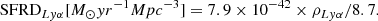 $$ \begin{aligned} \mathrm {SFRD}_{Ly\alpha } [M_{\odot } yr^{-1} Mpc^{-3}] = 7.9 \times 10^{-42} \times \rho _{Ly\alpha } / 8.7 . \end{aligned} $$