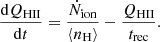 $$ \begin{aligned} \frac{\mathrm{d}Q_{\rm HII}}{\mathrm{d}t} = \frac{\dot{N}_{\rm ion}}{\langle n_{\rm H} \rangle } - \frac{Q_{\rm HII}}{t_{\rm rec}}. \end{aligned} $$
