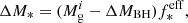$$ \begin{aligned} \Delta M_* = (M_{\rm g}^i-\Delta M_{\rm BH}) f_{*}^\mathrm{eff}, \end{aligned} $$