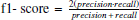 $ \text{ f1- score} = \frac{2(precision \cdot recall)}{precision \,+\,recall} $