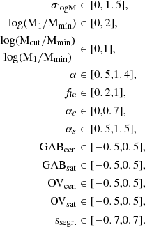 $$ \begin{aligned} \sigma _{\rm logM}&\in [0, 1.5],\\ \log (\mathrm{M}_{\rm 1}/\mathrm{M}_{\rm min})&\in [0, 2],\\ \frac{\log (\mathrm{M}_{\rm cut}/\mathrm{M}_{\rm min})}{\log (\mathrm{M}_{\rm 1}/\mathrm{M}_{\rm min})}&\in [0,1],\\ \alpha&\in [0.5,1.4],\\ f_{\rm ic}&\in [0.2,1],\\ \alpha _c&\in [0,0.7],\\ \alpha _s&\in [0.5,1.5],\\ \mathrm{GAB}_{\mathrm{cen}}&\in [-0.5,0.5],\\ \mathrm{GAB}_{\mathrm{sat}}&\in [-0.5,0.5],\\ \mathrm{OV}_{\mathrm{cen}}&\in [-0.5,0.5],\\ \mathrm{OV}_{\mathrm{sat}}&\in [-0.5,0.5],\\ \mathrm{s}_{\mathrm{segr.}}&\in [-0.7,0.7]. \end{aligned} $$