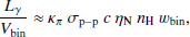 $$ \begin{aligned} \frac{L_\gamma }{V_\mathrm{bin} } \approx \kappa _\mathrm \pi ~\sigma _\mathrm{p-p} ~c~\eta _\mathrm{N} ~n_\mathrm{H} ~w_\mathrm{bin} , \end{aligned} $$
