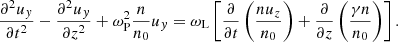 $$ \begin{aligned} \frac{\partial ^2 u_y}{\partial t^2} - \frac{\partial ^2 u_y}{\partial z^2} +\omega _{\rm P}^2\frac{n}{n_0}u_y = \omega _{\rm L}\left[\frac{\partial }{\partial t}\left(\frac{nu_z}{n_0}\right) + \frac{\partial }{\partial z}\left(\frac{\gamma n}{n_0}\right)\right] . \end{aligned} $$