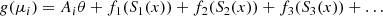 $$ \begin{aligned} g(\mu _i) = A_i \theta + f_1(S_1(x)) + f_2(S_2(x)) + f_3(S_3(x) ) + \ldots \end{aligned} $$