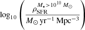 $ \log_{10}\left(\frac{\rho_{\mathrm{SFR}}^{M_{\star} > 10^{10}\, M_{\odot}}}{M_{\odot}\,\rm yr^{-1}\, \rm Mpc^{-3}}\right) $