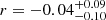 $ r = -0.04^{+0.09}_{-0.10} $