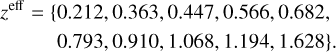 $\matrix{ {{^{{\rm{eff}}}} = \{ 0.212,0.363,0.447,0.566,0.682} \hfill \cr {\,\,\,\,\,\,\,\,\,\,\,\,\,0.793,0.910,1.068,1.194,1.628\} .} \hfill \cr } $