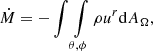 $$ \begin{aligned} \displaystyle \dot{M}=-\int \int \limits _{\theta ,\phi }\rho u^r \mathrm{d}A_{\Omega }, \end{aligned} $$