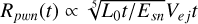 ${R_{pwn}}(t) \propto \root 5 \of {{L_0}t/{E_{sn}}} {V_{ej}}t$