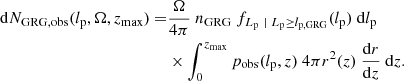 $$ \begin{aligned} \mathrm{d}N_{\rm GRG,obs}(l_{\rm p},\Omega ,z_{\rm max}) =&\frac{\Omega }{4\pi }\ n_{\rm GRG}\ f_{L_{\rm p}\ \vert \ L_{\rm p} \ge l_{\rm p,GRG}}(l_{\rm p})\ \mathrm{d}l_{\rm p}\nonumber \\&\times \int _0^{z_{\rm max}} p_{\rm obs}(l_{\rm p},z)\ 4\pi r^2(z)\ \frac{\mathrm{d}r}{\mathrm{d}z}\ \mathrm{d}z. \end{aligned} $$