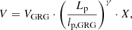 $$ \begin{aligned} V = V_{\rm GRG} \cdot \left(\frac{L_{\rm p}}{l_{\mathrm{p,GRG}}}\right)^\gamma \cdot X, \end{aligned} $$