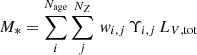 $$ \begin{aligned} M_* = \sum _{i}^{N_{\rm age}}\sum _{j}^{N_Z} \, { w}_{i,j} \, \Upsilon _{i,j} \, L_{V,\mathrm{tot}} \end{aligned} $$