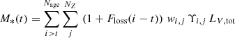 $$ \begin{aligned} M_*(t) = \sum _{i > t}^{N_{\rm age}}\sum _{j}^{N_Z} \, \left(1+F_{\rm loss}(i - t)\right) \, { w}_{i,j} \, \Upsilon _{i,j} \, L_{V,\mathrm{tot}} \end{aligned} $$