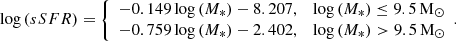 $$ \begin{aligned}&\log {(sSFR)} = \left\{ \begin{array}{ll} -0.149\log {(M_{*})} - 8.207,&\log {(M_{*})} \le 9.5\,\mathrm{M}_{\odot } \\ -0.759\log {(M_{*})} - 2.402,&\log {(M_{*})} > 9.5\,\mathrm{M}_{\odot } \end{array}.\right. \end{aligned} $$