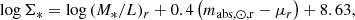 $$ \begin{aligned} \log {\Sigma _*} = \log {(M_*/L)_{r}} + 0.4\left(m_{\rm abs, \odot , r} - \mu _{r}\right) + 8.63, \end{aligned} $$