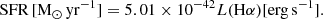 $$ \begin{aligned} \mathrm{SFR}\,[\mathrm{M_{\odot }\,yr^{-1}}] = 5.01 \times 10^{-42} L (\mathrm{H\alpha })[\mathrm{erg\,s^{-1}}]. \end{aligned} $$