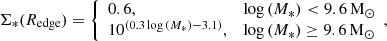 $$ \begin{aligned} \Sigma _*(R_{\rm edge}) = \left\{ \begin{array}{ll} 0.6,&\log {(M_*)} < 9.6\,\mathrm{M_{\odot }}\\ 10^{\left(0.3\log {(M_*)} - 3.1\right)},&\log {(M_*)} \ge 9.6\,\mathrm{M_{\odot }} \end{array},\right. \end{aligned} $$