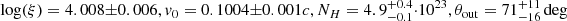 $ \log(\xi) = 4.008 \pm 0.006, \mathit{v}_0 = 0.1004 \pm 0.001 c, N_H = 4.9^{+0.4}_{-0.1} \cdot 10^{23}, \theta_{\mathrm{out}} = 71^{+11}_{-16} \deg $