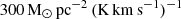 $ {300}\,\mathrm{M}_{\odot}\,\mathrm{pc}^{-2}\,(\mathrm{K}\,\mathrm{km}\,\mathrm{s}^{-1})^{-1} $