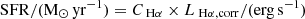 $ \mathrm{SFR}/(\mathrm{M}_{\odot}\,\mathrm{yr}^{-1})=C_{{\text{ H}\alpha}}\times L_{{\text{ H}\alpha},\mathrm{corr}}/(\mathrm{erg}\,\mathrm{s}^{-1}) $