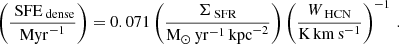 $$ \begin{aligned} \left(\dfrac{\text{ SFE}_{\text{ dense}}}{\mathrm{Myr}^{-1}}\right) = 0.071 \left(\dfrac{\Sigma _{\text{ SFR}}}{\mathrm{M}_{\odot }\,\mathrm{yr}^{-1}\,\mathrm{kpc}^{-2}}\right) \left(\dfrac{W_{\text{ HCN}}}{\mathrm{K}\,\mathrm{km}\,\mathrm{s}^{-1}}\right)^{-1} \, . \end{aligned} $$