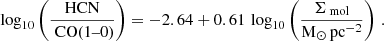 $$ \begin{aligned} \log _{10}\left(\dfrac{\mathrm{HCN}}{\text{ CO(1--0)}}\right) = -2.64 + 0.61\,\log _{10}\left(\dfrac{\Sigma _{\text{ mol}}}{\mathrm{M}_{\odot }\,\mathrm{pc}^{-2}}\right) \,. \end{aligned} $$