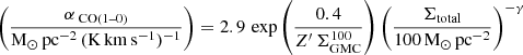 $$ \begin{aligned} \left(\dfrac{\alpha _{\text{ CO(1--0)}}}{\mathrm{M}_{\odot }\,\mathrm{pc}^{-2}\,(\mathrm{K}\,\mathrm{km}\,\mathrm{s}^{-1})^{-1}}\right) = 2.9\, \exp \left(\dfrac{0.4}{Z^{\prime }\,\Sigma _{\rm GMC}^{100}}\right) \left(\dfrac{\Sigma _{\rm total}}{{100}\,\mathrm{M}_{\odot }\,\mathrm{pc}^{-2}}\right)^{-\gamma } \end{aligned} $$