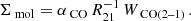 $$ \begin{aligned} \Sigma _{\text{ mol}}= \alpha _{\text{ CO}}\, R_{21}^{-1} \, W_{\text{ CO(2--1)}}\,. \end{aligned} $$