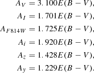 $$ \begin{aligned} A_V&=3.100E(B-V),\nonumber \\ A_I&=1.701E(B-V),\nonumber \\ A_{F814W}&=1.725E(B-V),\nonumber \\ A_i&=1.920E(B-V),\nonumber \\ A_z&=1.428E(B-V),\nonumber \\ A_{ y}&=1.229E(B-V).\nonumber \end{aligned} $$
