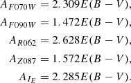 $$ \begin{aligned} A_{F070W}&= 2.309E(B-V),\nonumber \\ A_{F090W}&= 1.472E(B-V),\nonumber \\ A_{R062}&= 2.628E(B-V),\nonumber \\ A_{Z087}&= 1.572E(B-V),\nonumber \\ A_{{I}_E}&= 2.285E(B-V).\nonumber \end{aligned} $$