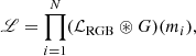 $$ \begin{aligned} \fancyscript {L} = \prod _{i=1}^N(\mathcal{L} _{\rm RGB}\circledast G)(m_i), \end{aligned} $$