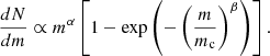 $$ \begin{aligned} \frac{dN}{dm}\propto m^\alpha \left[ 1 - \exp \left(-\left(\frac{m}{m_\mathrm{c} }\right)^\beta \right) \right]. \end{aligned} $$
