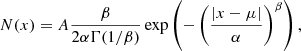 $$ \begin{aligned} N(x) = A \frac{\beta }{2\alpha \Gamma (1/\beta )} \exp \left( -\left(\frac{|x-\mu |}{\alpha }\right)^\beta \right), \end{aligned} $$
