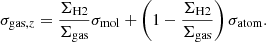 $$ \begin{aligned} \sigma _{\mathrm{gas},z} = \frac{{\Sigma _{\rm H2}}}{\Sigma _{\rm gas}}\sigma _{\mathrm{mol}}+\left(1-\frac{{\Sigma _{\rm H2}}}{\Sigma _{\rm gas}}\right)\sigma _{\mathrm{atom}}. \end{aligned} $$