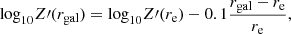 $$ \begin{aligned} \log _{10}\!Z\prime (r_{\rm gal}) = \log _{10}\!Z\prime (r_{\rm e}) - 0.1\frac{r_{\rm gal} - r_{\rm e}}{r_{\rm e}}, \end{aligned} $$