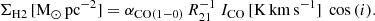 $$ \begin{aligned} {\Sigma _{\rm H2}}\,[\mathrm{M_\odot \,pc}^{-2}] = \alpha _{\rm CO(1{-}0)}\,R_{21}^{-1}~I_{\rm CO}\,[\mathrm{K\,km\,s}^{-1}]~\cos {(i)}. \end{aligned} $$