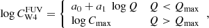 $$ \begin{aligned} \log {C_{\rm W4}^\mathrm{FUV}} = {\left\{ \begin{array}{ll} a_0 + a_1~\log {Q}&Q < Q_{\rm max} \\ \log {C_{\rm max}}&Q > Q_{\rm max} \end{array}\right.}, \end{aligned} $$